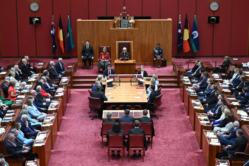 CANBERRA (Australia), 22/07/2025.- A view of Australian Governor-General Sam Mostyn delivering the opening of the 48th Federal Parliament in the Senate chamber at Parliament House in Canberra, Australia, 22 July 2025. EFE/EPA/Lukas Coch AUSTRALIA AND NEW ZEALAND OUT
