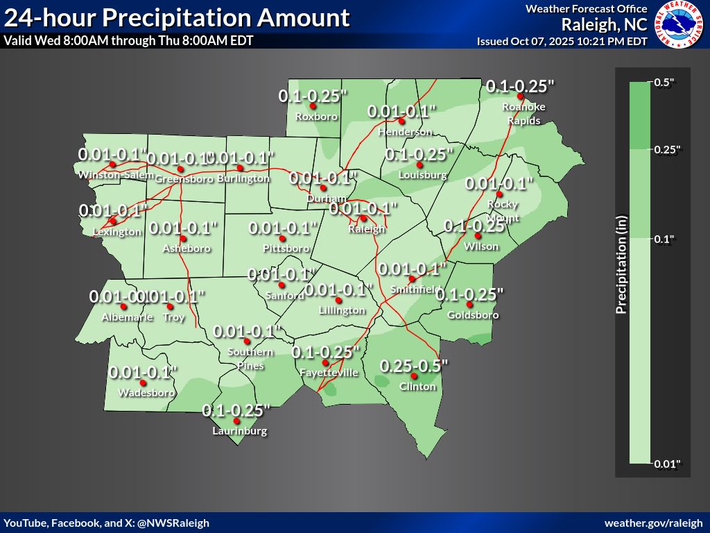 El Servicio Meteorológico Nacional en Raleigh pronostica lluvias ligeras y dispersas desde la noche de este martes hasta la mañana del miércoles 8 de octubre, comenzando en el noroeste y extendiéndose hacia el sureste del estado.