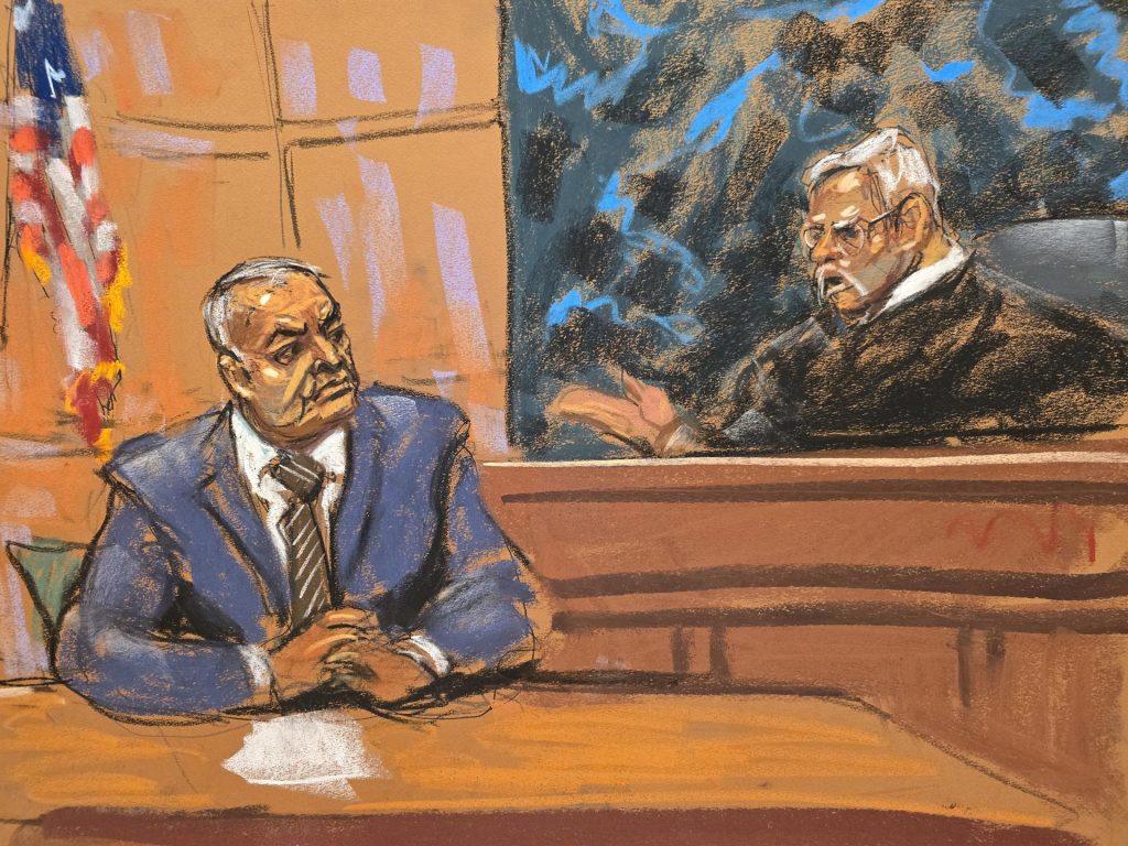 Reproducción fotográfica de un dibujo realizado por la artista Jane Rosenberg del exsecretario de Seguridad Pública mexicano, Genaro García Luna, durante un juicio en el Tribunal Federal de Brooklyn en Nueva York (EE. UU). Imagen de archivo. EFE/Jane Rosenberg
