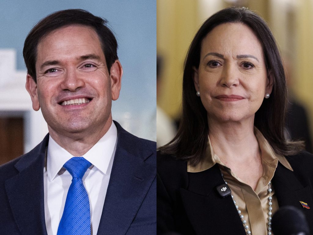 Combo de fotografías de archivo que muestra al secretario de Estado de Estados Unidos, Marco Rubio (i) y la líder opositora venezolana María Corina Machado. EFE/ Jim Lo Scalzo / Will Oliver / ARCHIVO