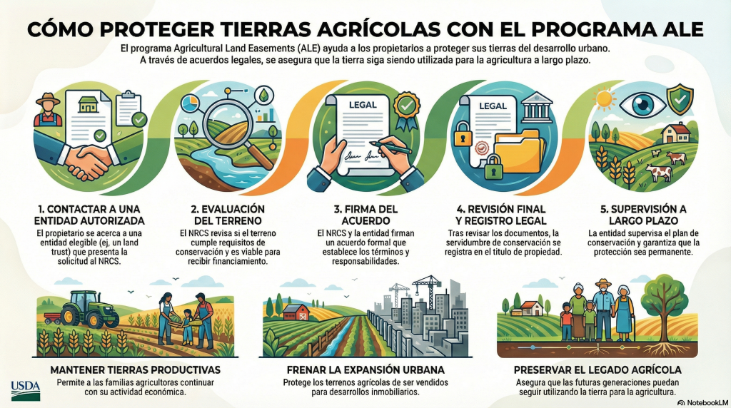 En Estados Unidos, las personas dueñas de tierras agrícolas pueden acceder al programa Agricultural Land Easements (ALE).