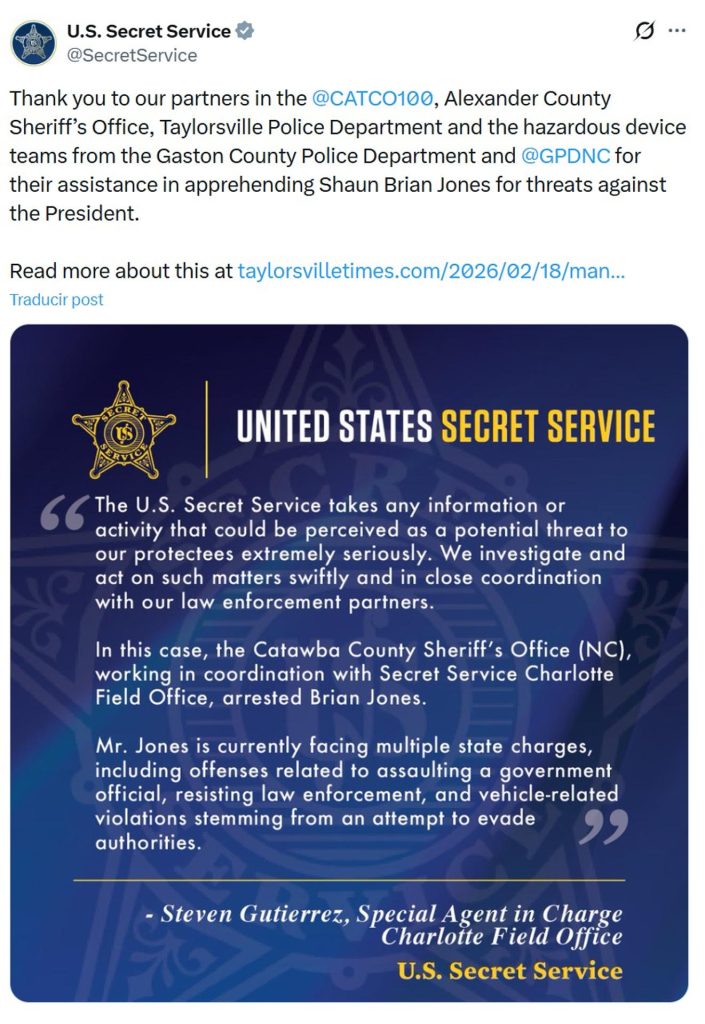 Captura tomada de la cuenta en X @SecretService del Servicio Secreto de Estados Unidos de una publicación este domingo, tras el fallecimiento de un individuo en Palm Beach (EE.UU.). EFE/ @secretservice
