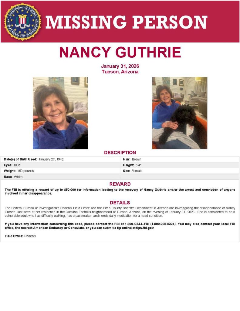 Fotografía cedida por el FBI que muestra el cartel de búsqueda de Nancy Guthrie, la mujer de 84 años desaparecida desde la noche del sábado 31 de enero en la ciudad de Tucson, Arizona (Estados Unidos). EFE/FBI
